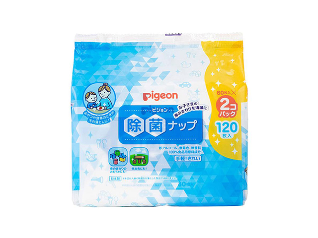 除菌ウェットティッシュ ピジョン 除菌ナップ 低アルコール 無着色 無香料 ふんわり厚手 60枚 2個入り X8パック