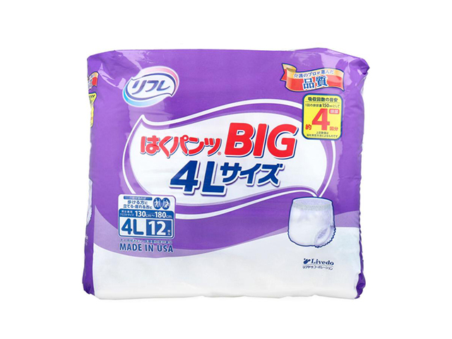 大人用紙おむつ リフレ はくパンツ 約4回分吸収 男女兼用 BIG 4Lサイズ 12枚入り X3パック 医療費控除対象品