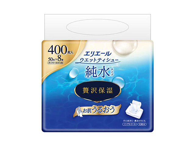 ウェットティシュー エリエール 大王製紙 純水タイプ 贅沢保湿 ノンアルコール ボックス詰替用 50枚 8個入り X3パック