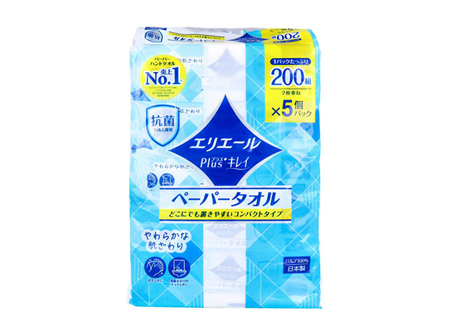 大王製紙 エリエール ペーパータオル Plus+キレイ コンパクトタイプ パルプ100％ 200組400枚 5個入り X6パック