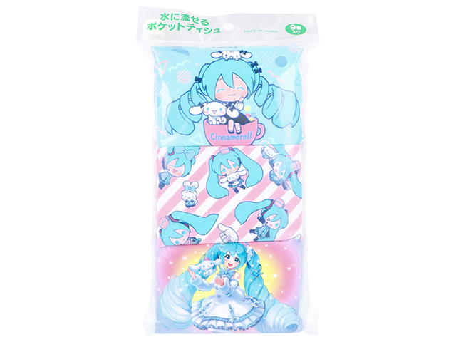 ハヤシ商事 水に流せるポケットティシュ 初音ミクxシナモロール 天然パルプ100％ 8組16枚 9個入り X20パック