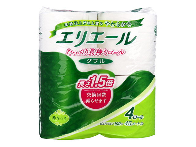 大王製紙 エリエール トイレットペーパー たっぷり長持ちロール コンパクト ミシン目入り パルプ100% ダブル45m 香り付き 4ロール入り X16パック