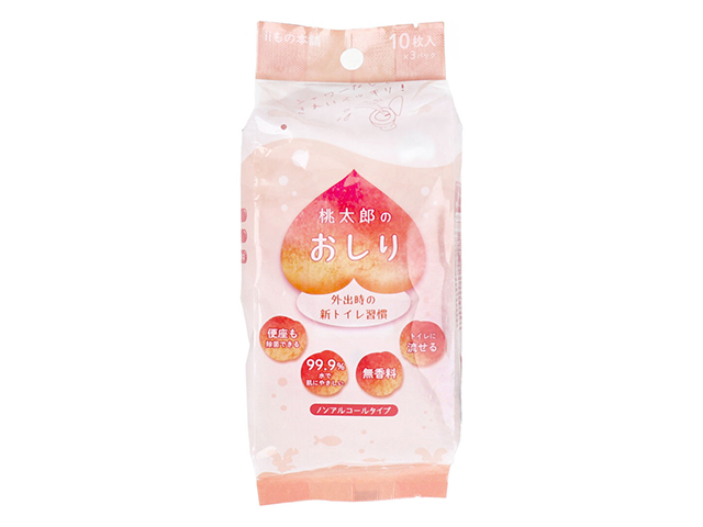 トイレに流せる除菌ウェットティシュ iiもの本舗 桃太郎のおしり ノンアルコールタイプ 無香料 10枚 3個入り X20パック