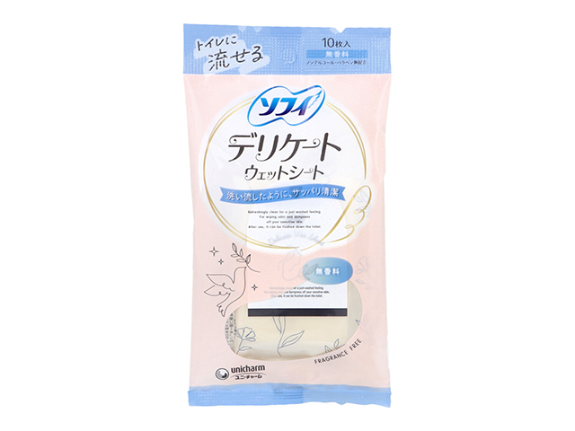 トイレに流せるデリケートウェットシート ユニ・チャーム ソフィ ノンアルコール 無香料 10枚入り X10パック