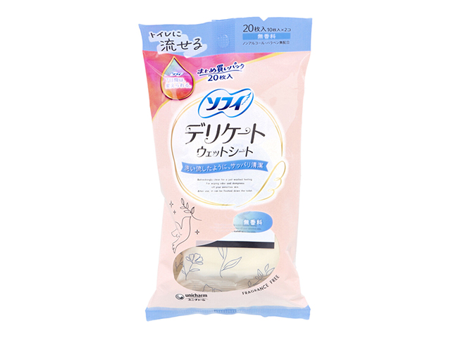 トイレに流せるデリケートウェットシート ユニ・チャーム ソフィ ノンアルコール 無香料 10枚 2個入り X10パック
