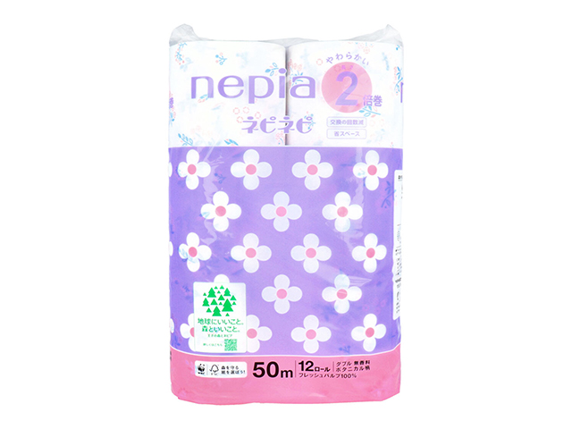 トイレットペーパー ネピア ネピネピ 2倍巻 ボタニカル柄 高密度ソフトエンボス加工 フレッシュパルプ100％ 無香料 ダブル50m 12ロール入り X6パック