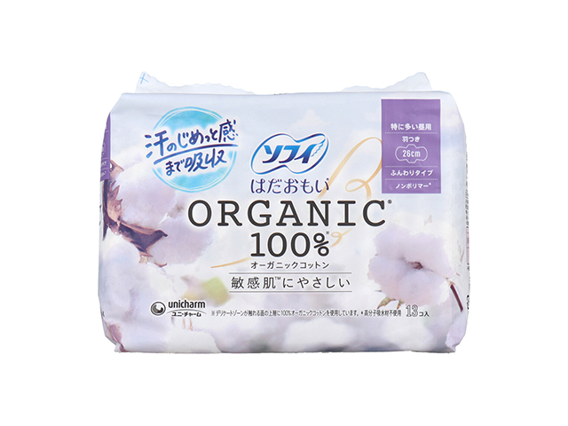 生理用ナプキン ユニ・チャーム ソフィ はだおもい オーガニックコットン100％ ノンポリマー ふんわりタイプ 特に多い昼用 羽つき 26cm 13個入り X5パック