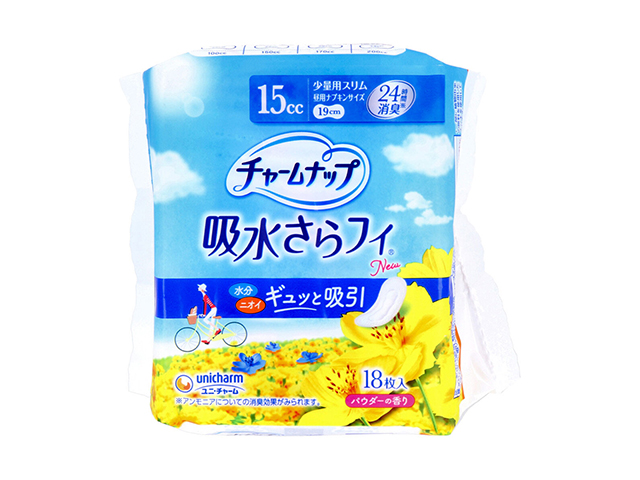 尿漏れパッド ユニ・チャーム チャームナップ 吸水さらフィ 吸収量15cc 少量用スリム 昼用ナプキンサイズ 19cm パウダーの香り 18枚入り X8パック