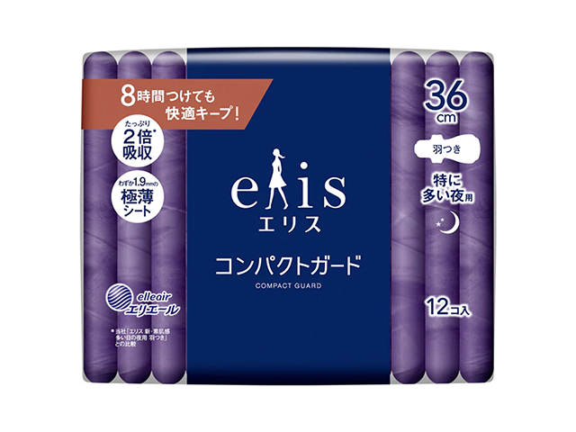生理用ナプキン 大王製紙 エリエール エリス コンパクトガード 特に多い夜用 羽つき 36cm 12個入り X6パック