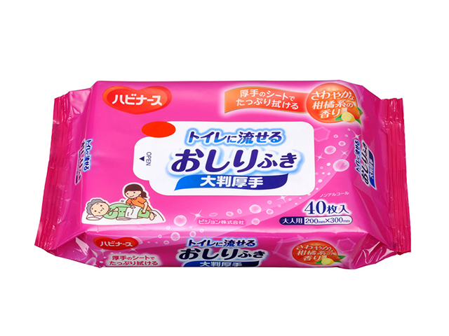 介護用おしりふき ピジョン ハビナース トイレに流せるおしりふき ノンアルコール さわやかな柑橘系の香り 大判厚手 大人用サイズ 40枚入り X6パック