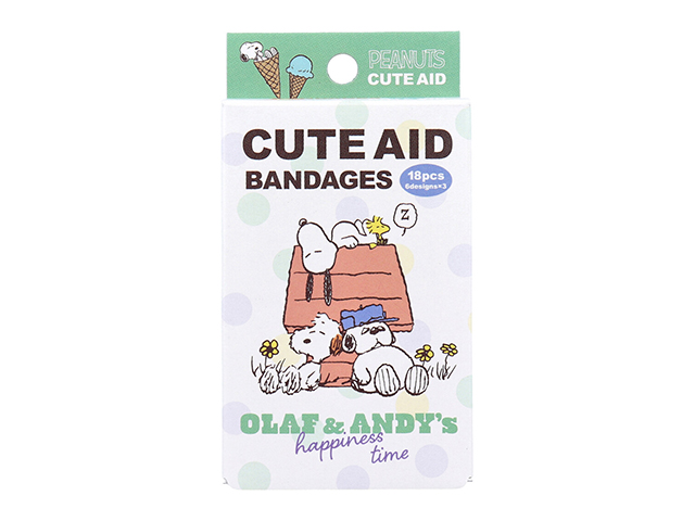 キャラクター救急絆創膏 サンタン CUTEAID スヌーピー オラフ&アンディ 6デザインX3シート 18枚入り X10箱