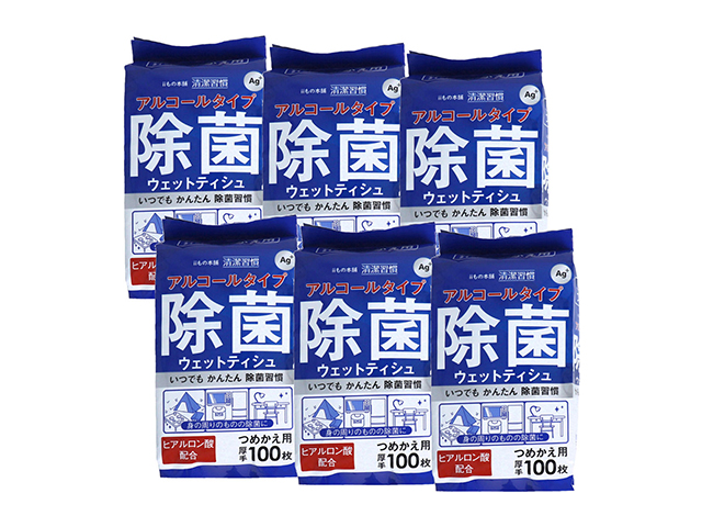 除菌ウェットティシュ iiもの本舗 清潔習慣 ヒアルロン酸配合 厚手シート アルコールタイプ ボトルタイプ 詰替用 100枚 6個入り X3パック