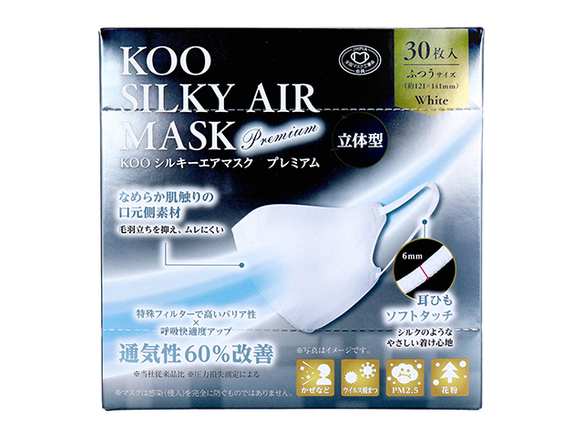 3層不織布マスク クーメディカルジャパン KOO シルキーエアマスク プレミアム 立体型 ホワイト ふつうサイズ 30枚入り X6箱