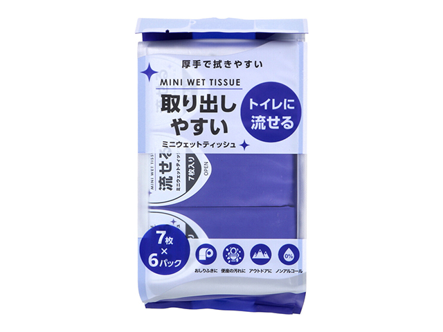 トイレに流せるミニウェットティッシュ 日翔 Nisyo ノンアルコール 厚手 7枚 6個入り X10パック