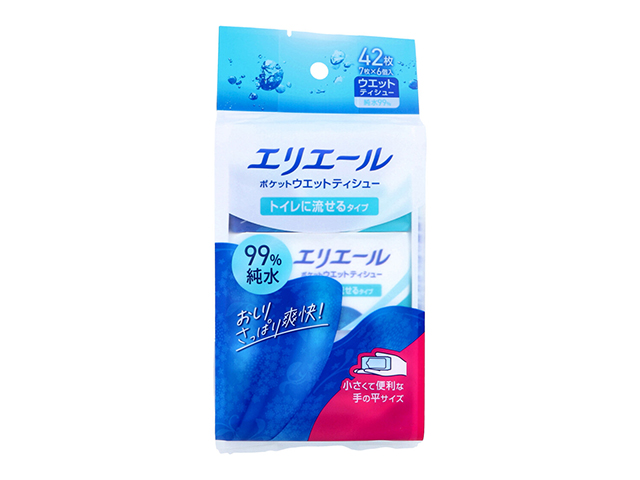 ウェットティシュ 大王製紙 エリエール ポケットサイズ トイレに流せるタイプ ノンアルコール 無香料 7枚 6個入り X5パック