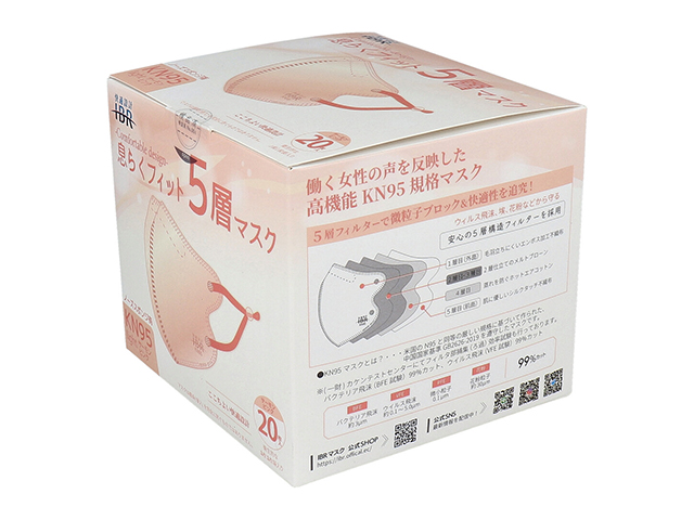 5層不織布マスク IBR KN95 息らくフィット ライト ノーズスポンジ有り サーモンピンク 個別包装 20枚入り X3箱