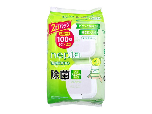 除菌ウエットティシュ ネピア wetomo ウエットモ ノンアルコールタイプ 大判シート フタつき 50枚 2個入り X5パック