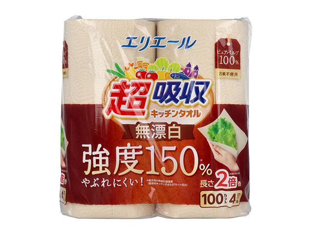 キッチンペーパー 大王製紙 エリエール 超吸収キッチンタオル 無漂白 クローバー柄 エンボス加工 パルプ100％ 2枚重ね 100カット 4ロール入り X10パック