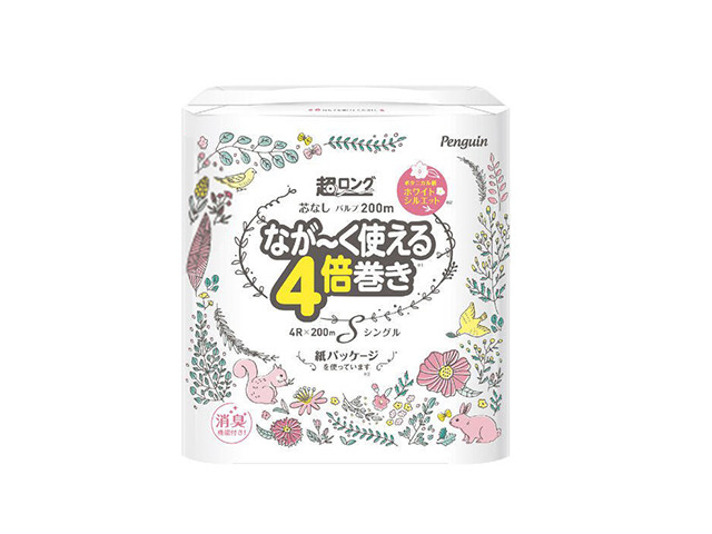 トイレットペーパー 丸富製紙 ペンギン超ロング4倍巻き パルプ100％ 芯無 シングル200m ボタニカル柄 消臭機能 4ロールＸ8パック