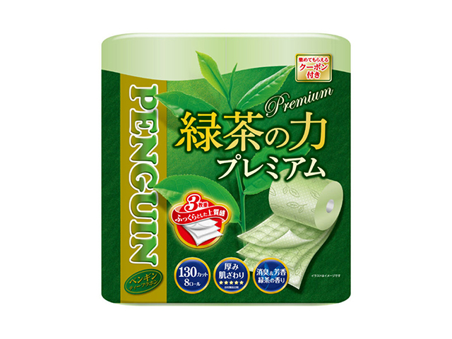 トイレットペーパー 丸富製紙 ペンギン 緑茶の力プレミアム 3枚重ね20m 130カット 8ロールＸ8パック