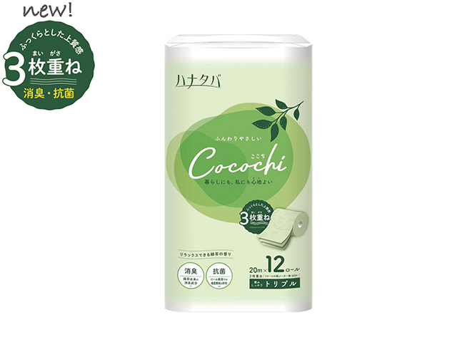 トイレットペーパー 丸富製紙 ハナタバ Cocochi ココチ 緑茶の香り 消臭機能 3枚重ね20m 12ロールＸ6パック