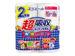 大王製紙 エリエール 超吸収キッチンタオル クローバー柄エンボス加工 パルプ100% 2枚重ね 100カット 2ロール入り X20パック