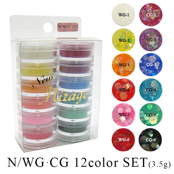 【Mirage】　カラーパウダー　3.5g×12色セットN/WG・CG（５種類のホログラムが入ったグリッターセット）