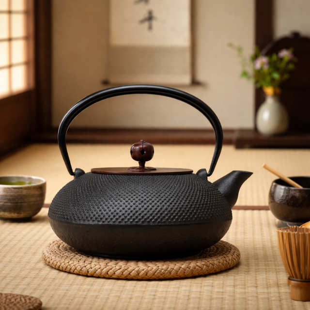 南部鉄器 鉄瓶 平丸アラレ（銅蓋）黒