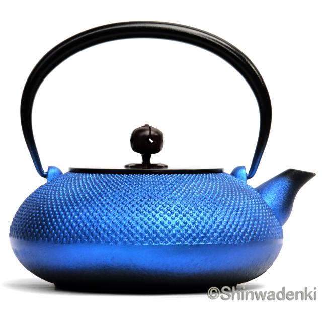 南部鉄器 鉄瓶 平丸アラレ（銅蓋）瑠璃色