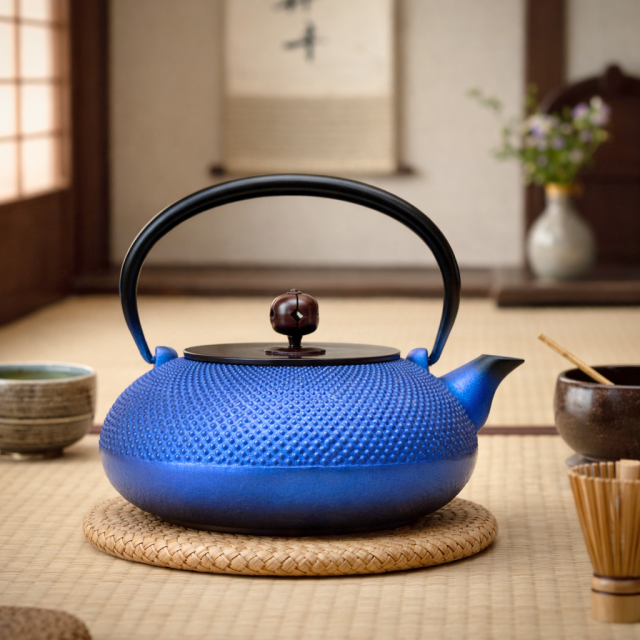 南部鉄器 鉄瓶 平丸アラレ（銅蓋）瑠璃色