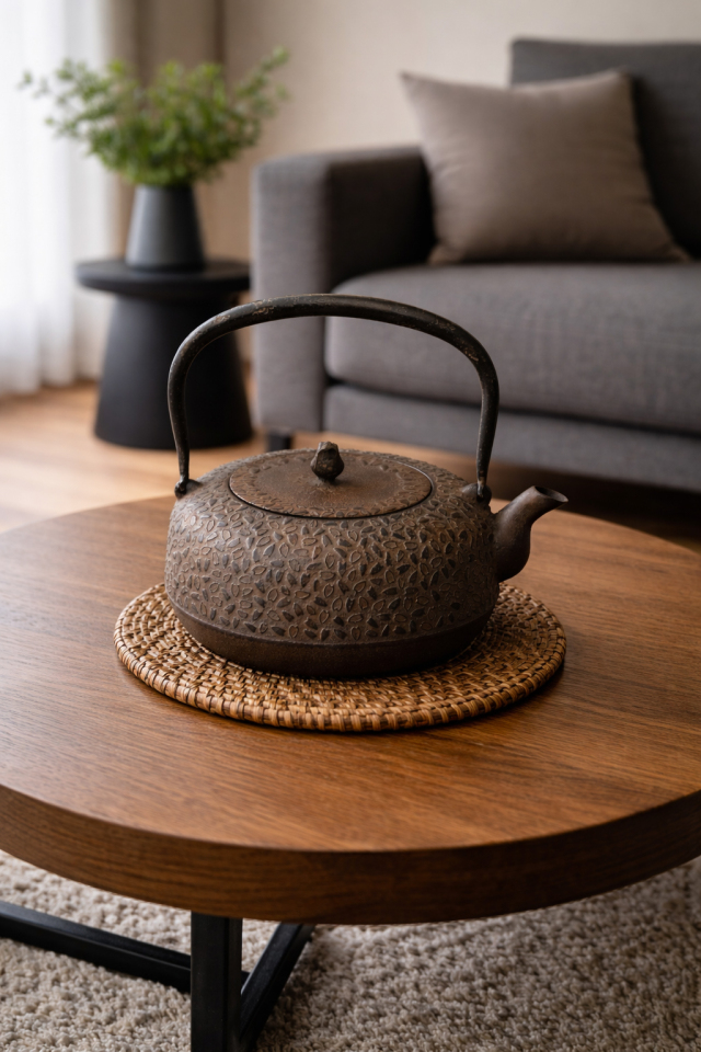 南部鉄器 鉄瓶 平丸桜