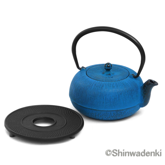 南部鉄器 ティーポット 急須 平丸千筋 青