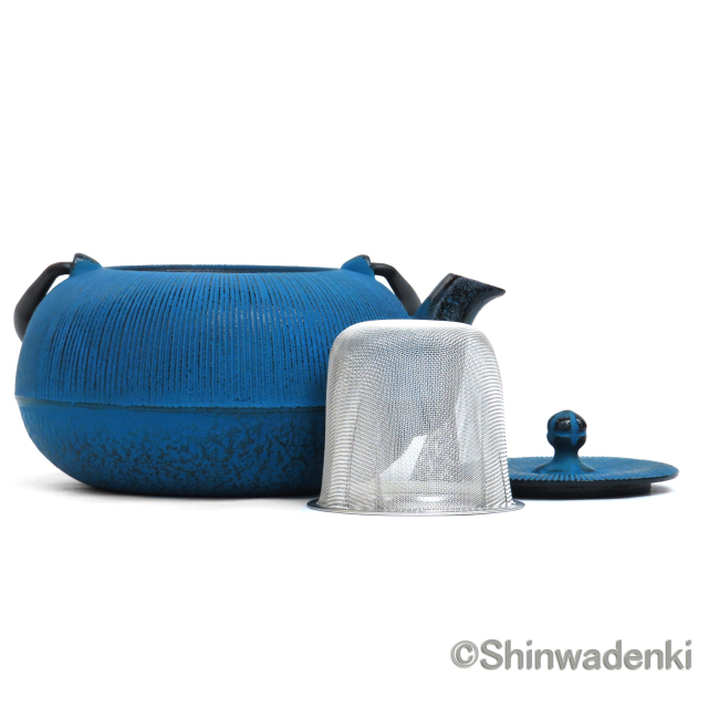 南部鉄器 ティーポット 急須 平丸千筋 青