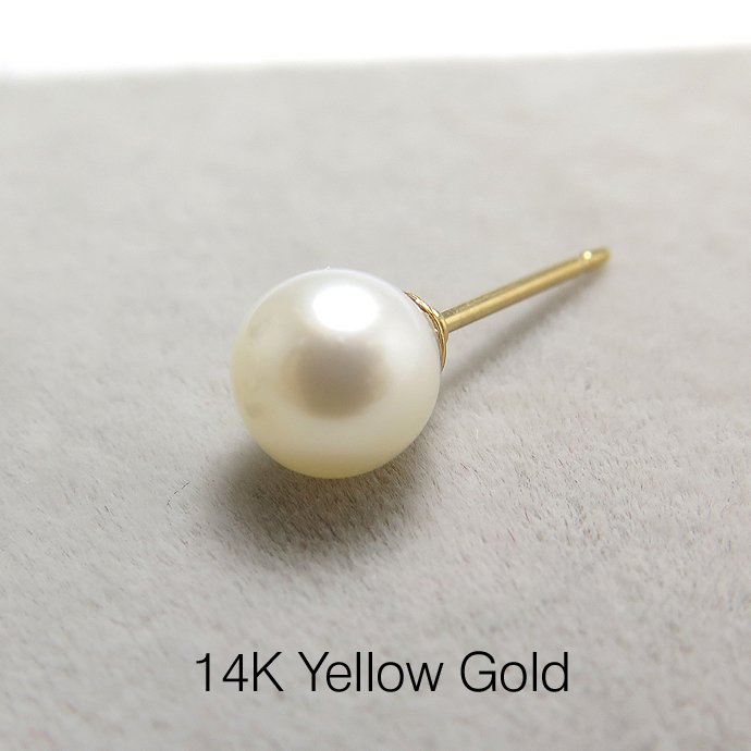 14K（14金イエローゴールド）淡水パールピアス（真珠ホワイト系）/ラウンド～セミラウンド6mm（5ペア）