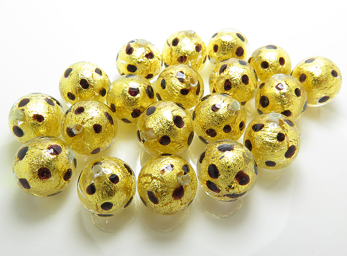 ヴェネチアンビーズ（グラスビーズ）ドット・ゴールド（ラウンド10mm）（両穴）（10個）