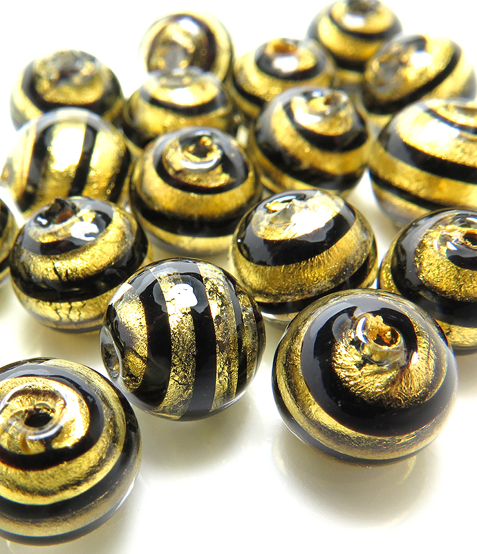 ヴェネチアンビーズ（グラスビーズ）ストライプ・ゴールド（ラウンド10mm）（両穴）（10個）