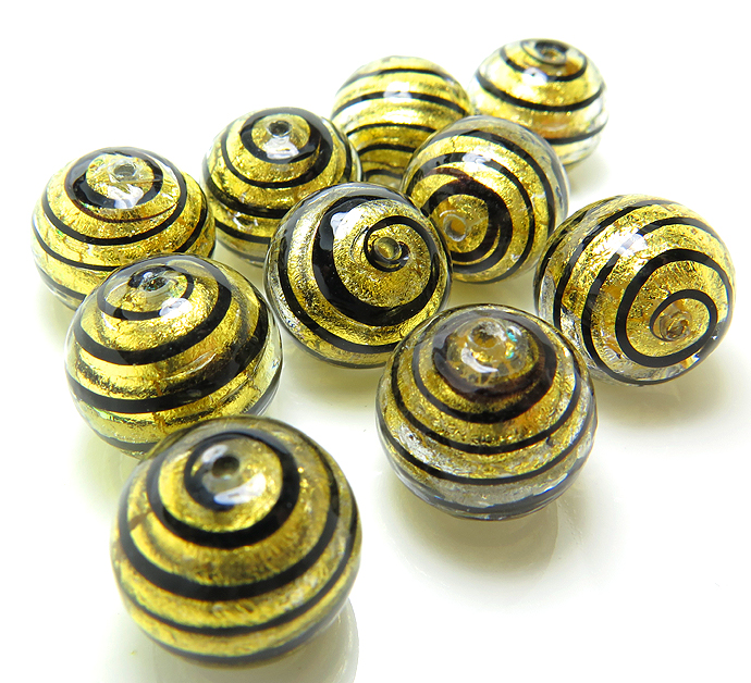 ヴェネチアンビーズ（グラスビーズ）ストライプ・ゴールド（ラウンド12mm）（両穴）（10個）