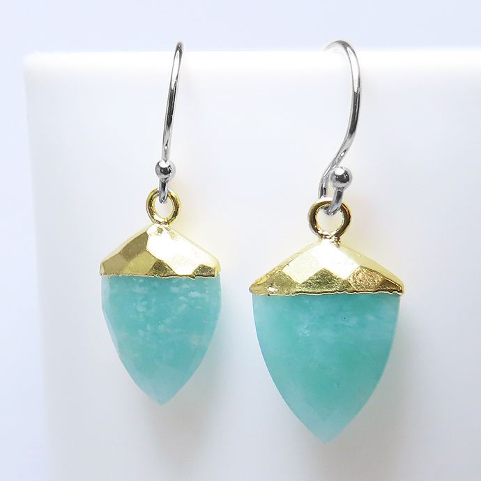 アマゾナイトピアス  天然石17×10mmシャークトゥース  ペアシェイプ・フレンチフックピアス シルバー ゴールド コンビ ミックス