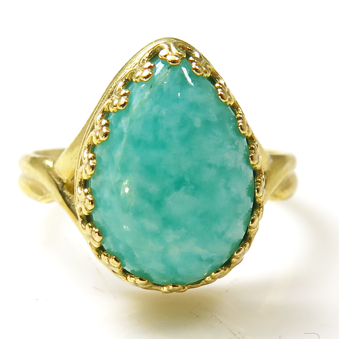 アマゾナイト リング 指輪  天然石 カボション ペアシェイプ 14×10mm 真鍮ゴールドカラー 1個