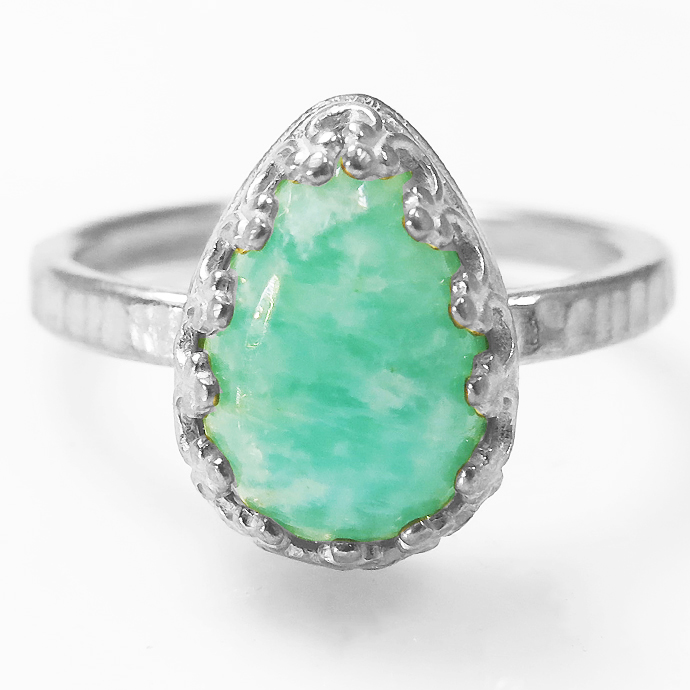 アマゾナイト 指輪 リング 天然石 カボション 10×7mm 真鍮 シルバーカラー ペアシェイプ 1個