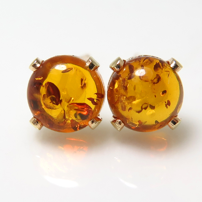 バルティックアンバー 琥珀  ピアス 天然石 6mm 14kgf カボションピアス「ゴールドフィルド」（10ペア）