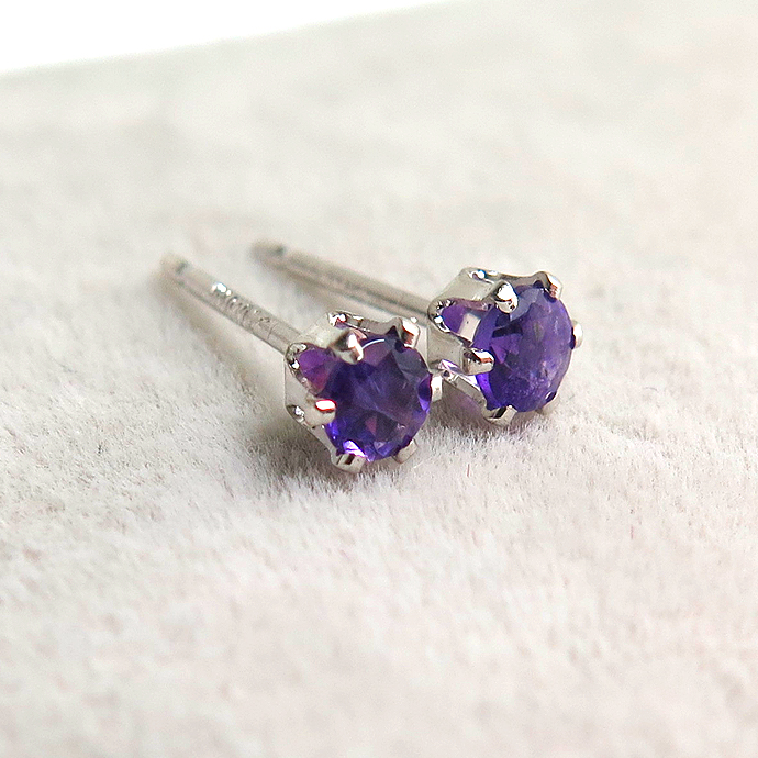 天然石アメジスト＜2月誕生石＞（アフリカ）・6本爪ポストピアス（ラウンド3mm）「14kgf（ホワイトゴールドフィルド）（ロジウム）」（5ペア）