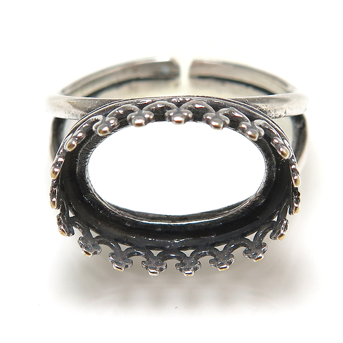 銀古美 指輪空枠 リングクラウン（ベゼルセッティング/カボション用）（横オーバル14×10mm）（真鍮ブラス・アンティークシルバーカラー）（50個）