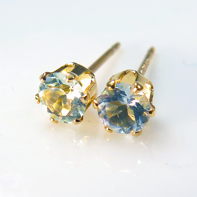アクアマリン ピアス 天然石＜3月誕生石＞14金 14K 4mmラウンド6本爪 ゴールド 1ペア