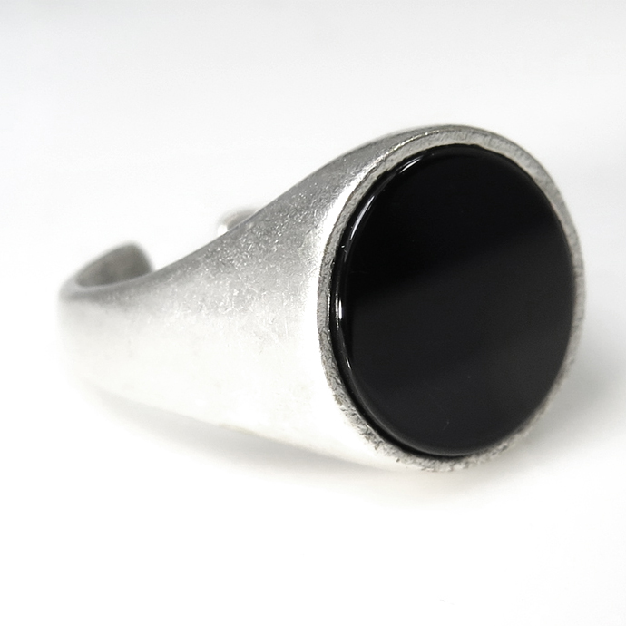 ブラックオニキス 指輪 リング シグネット 天然石（12mm）銀古美 真鍮ブラス・アンティークシルバーカラー