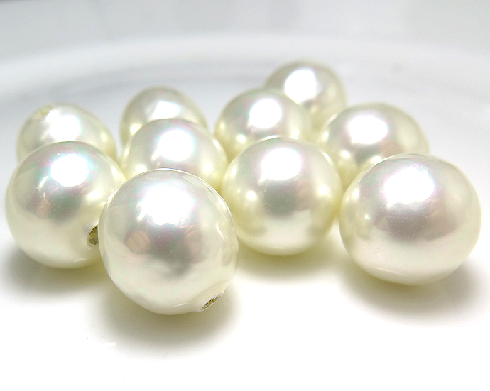 純国産ガラスパール ラウンドバロックパール 片穴 ミガキ 14mm ホワイト（10個）