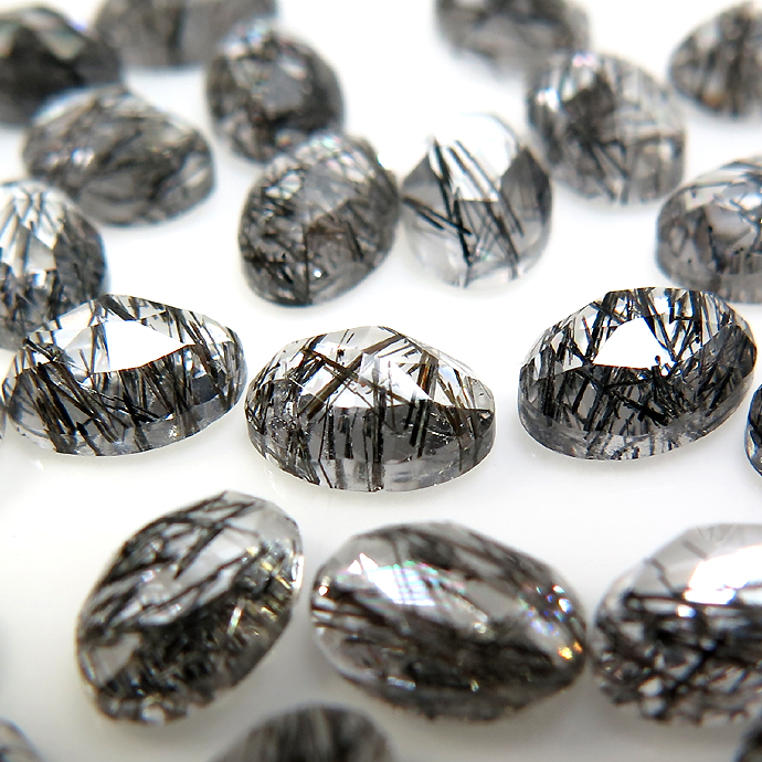 天然石ルース 裸石  ブラックルチルクオーツ ブラックトルマリンインクォーツ オーバル カボション ローズカット 【6×4mm】 25個