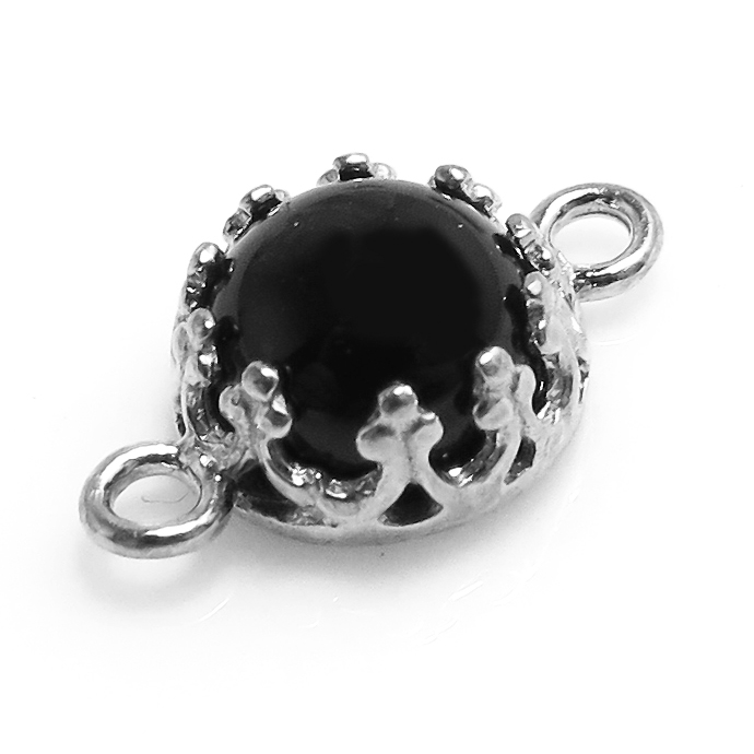 天然石コネクター ブラックオニキス（ベゼルセッティング/カボション）ラウンド6mm（真鍮ブラス・シルバーカラー）25個