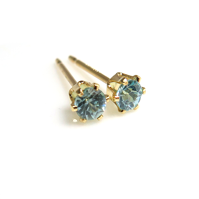 10K/3mmラウンド6本爪・スタッドピアス・天然石（ブルージルコン＜12月誕生石＞）「K10（10金イエローゴールド）」（1ペア）