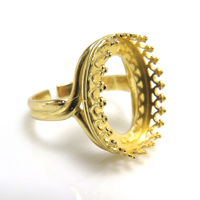 指輪リング空枠クラウン（ベゼルセッティング/カボション用）（オーバル14×10mm）（真鍮ブラス・ゴールドカラー）（1個）